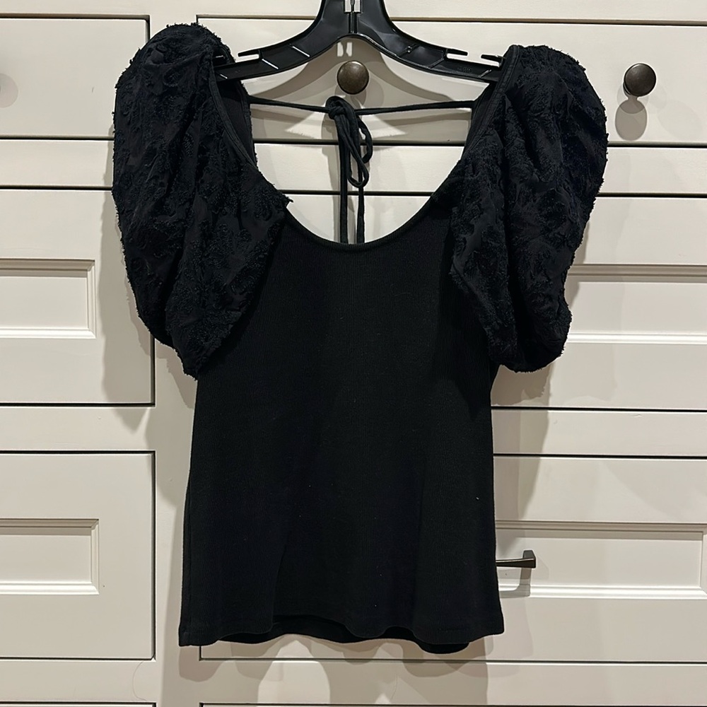 Maeve, black top, puff sleeves, tie back, scoop neck and scoop back, worn once